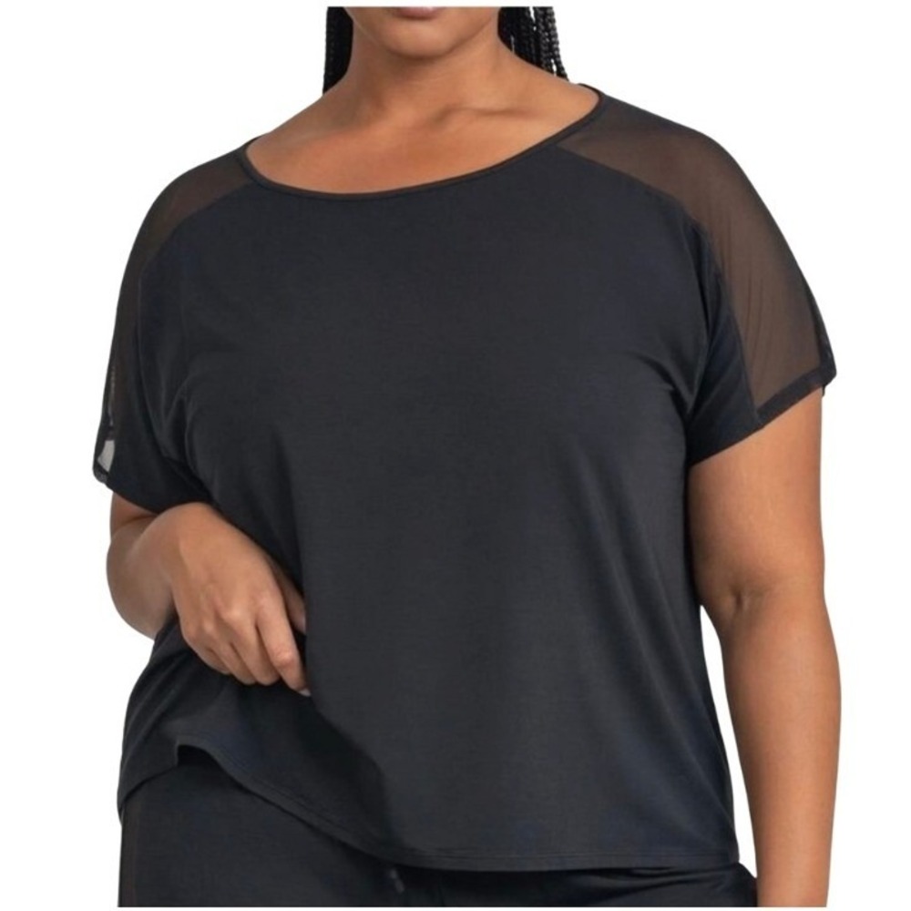 Honeylove BlissWear Black Mesh Sleeve‎ Relaxed Fit Top Minimal Chic Athleisure